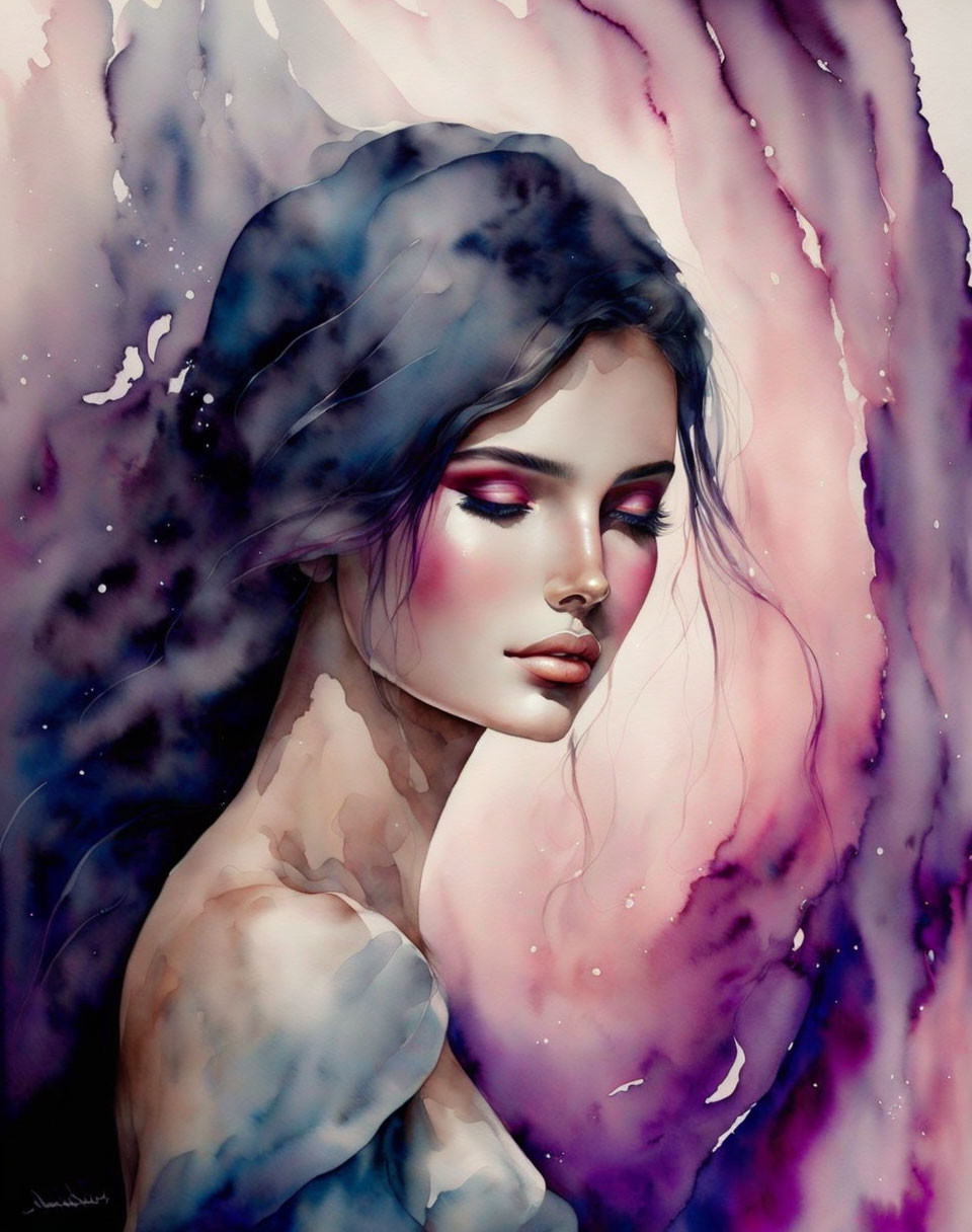 Ethereal woman in vibrant pink hues with watercolor textures