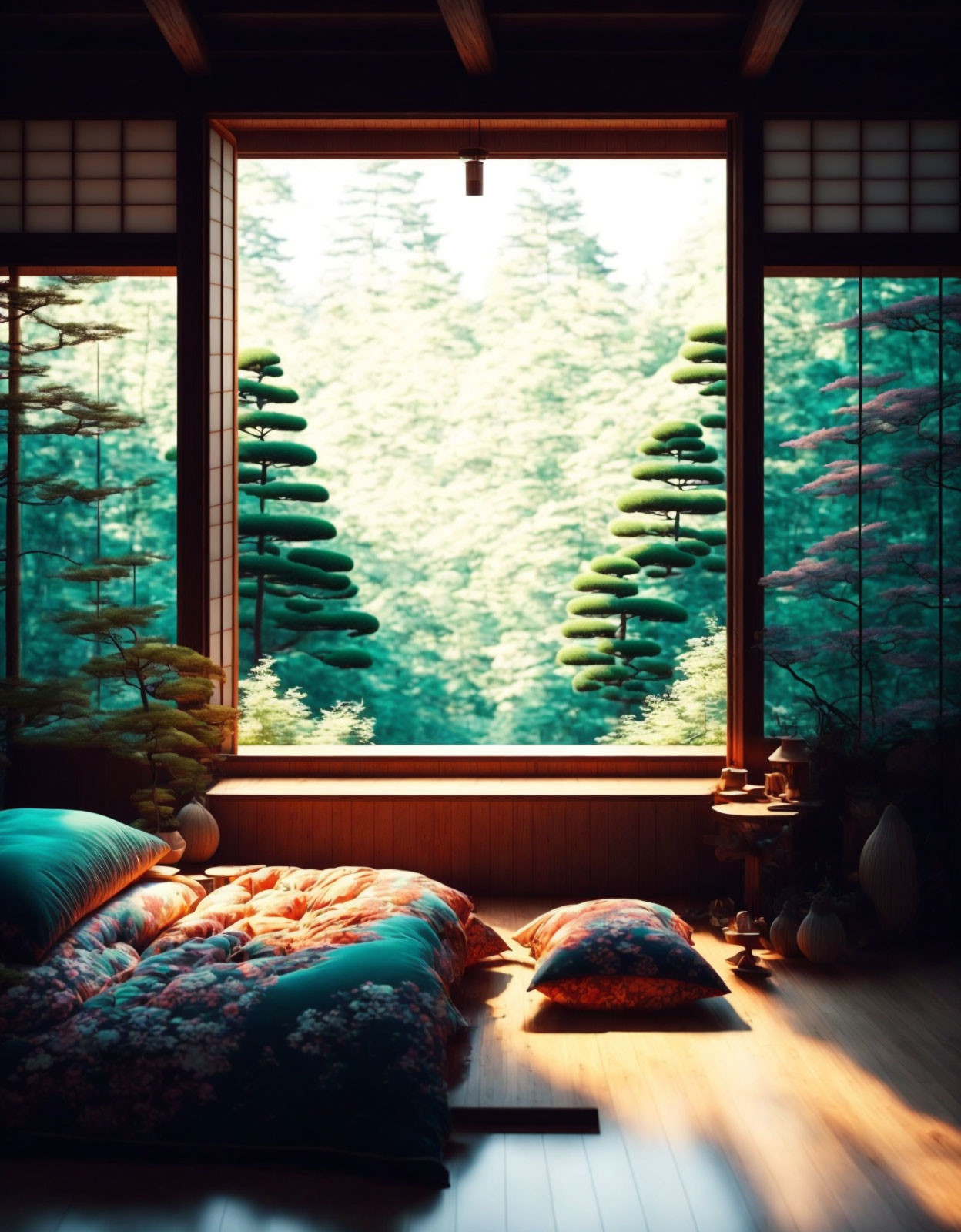 Japanese-style Bedroom with Tatami Floors and Tree View