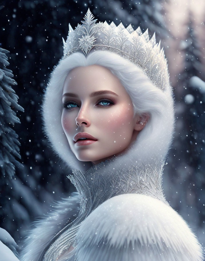 Pale-skinned woman in white fur coat and crystal crown amid falling snow and wintry backdrop