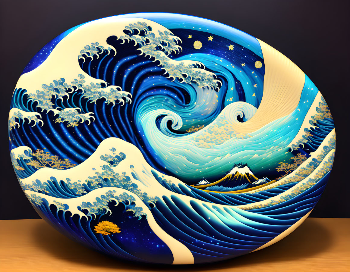 Circular Artwork: Stylized Wave Pattern in Deep Blues and Whites