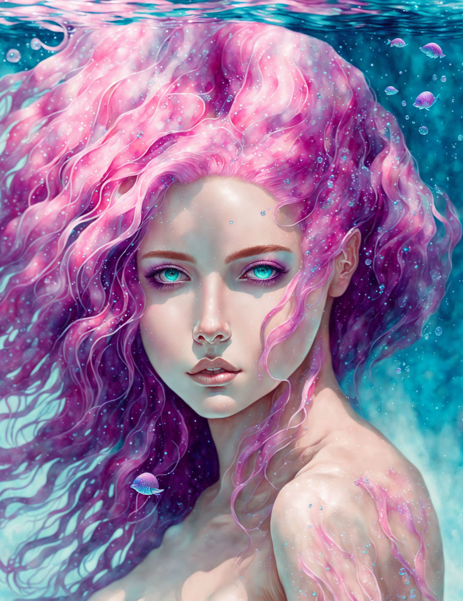 Vibrant pink and purple hair figure in water with jellyfish and blue eyes