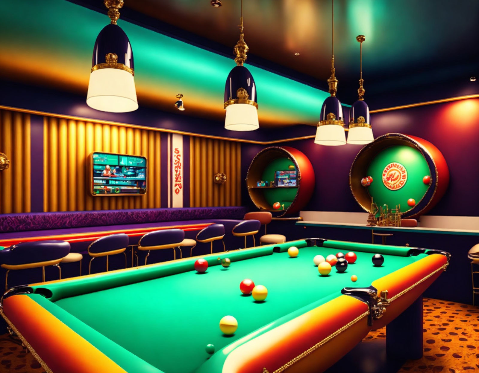 Colorful Billiards Room with Green Pool Table & Elegant Lamps