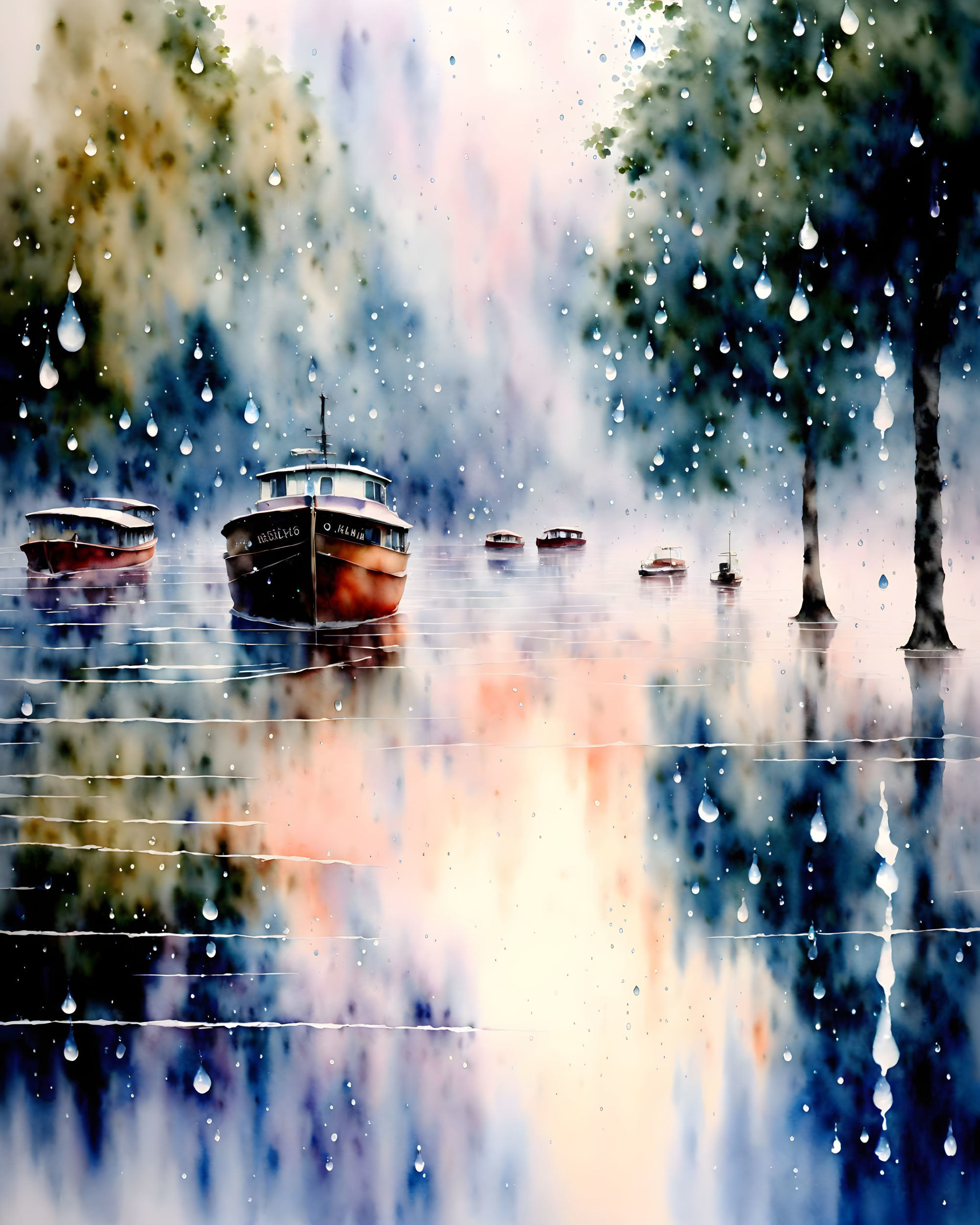 Artistic painting of boats on calm lake in rain with reflections and misty trees