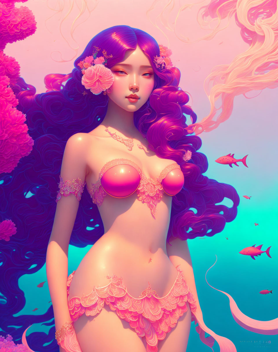 Illustration of woman with purple hair in floral theme on surreal aquatic background.