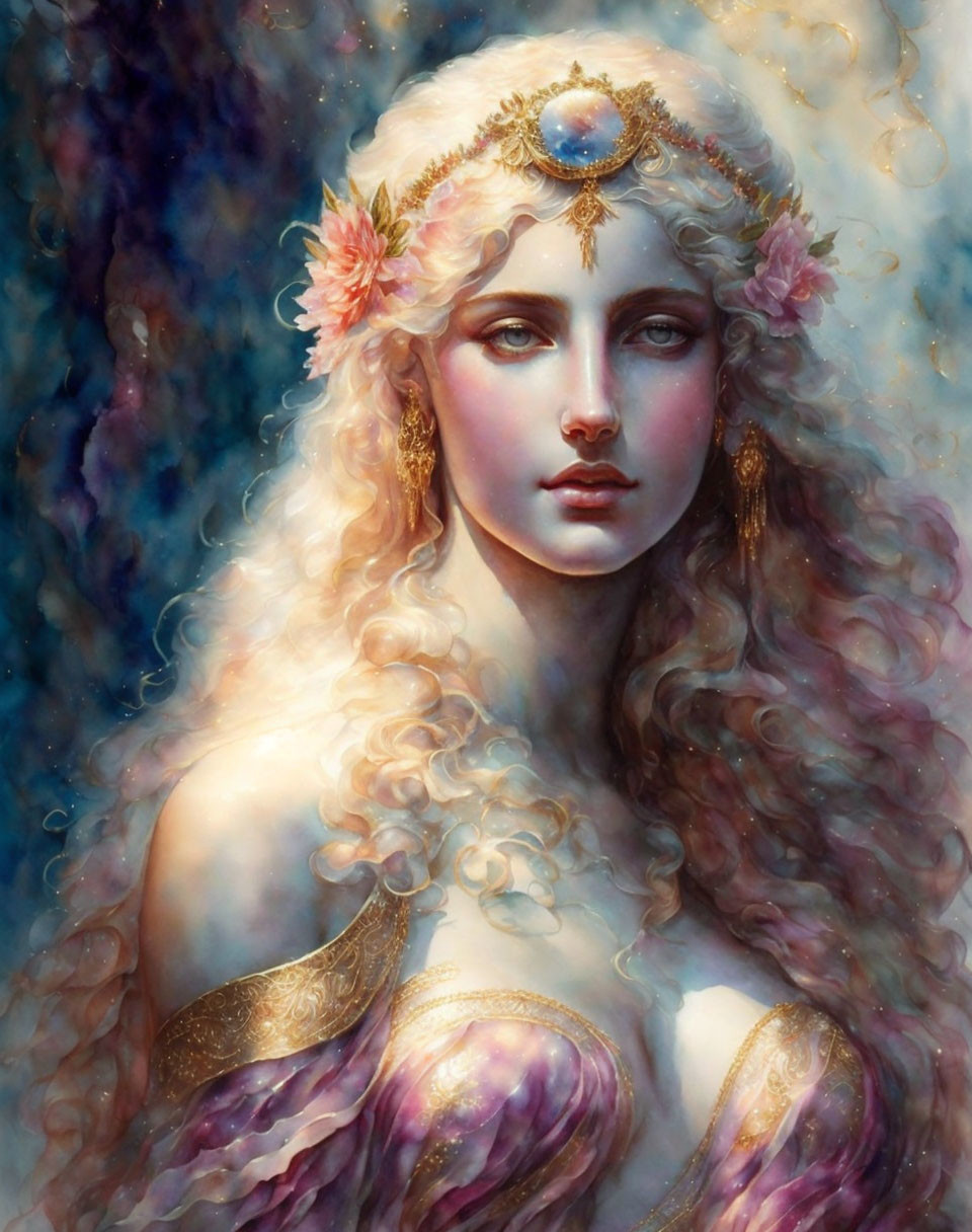 Fantasy painting: Woman with blonde hair, gemstone headpiece, floral motifs