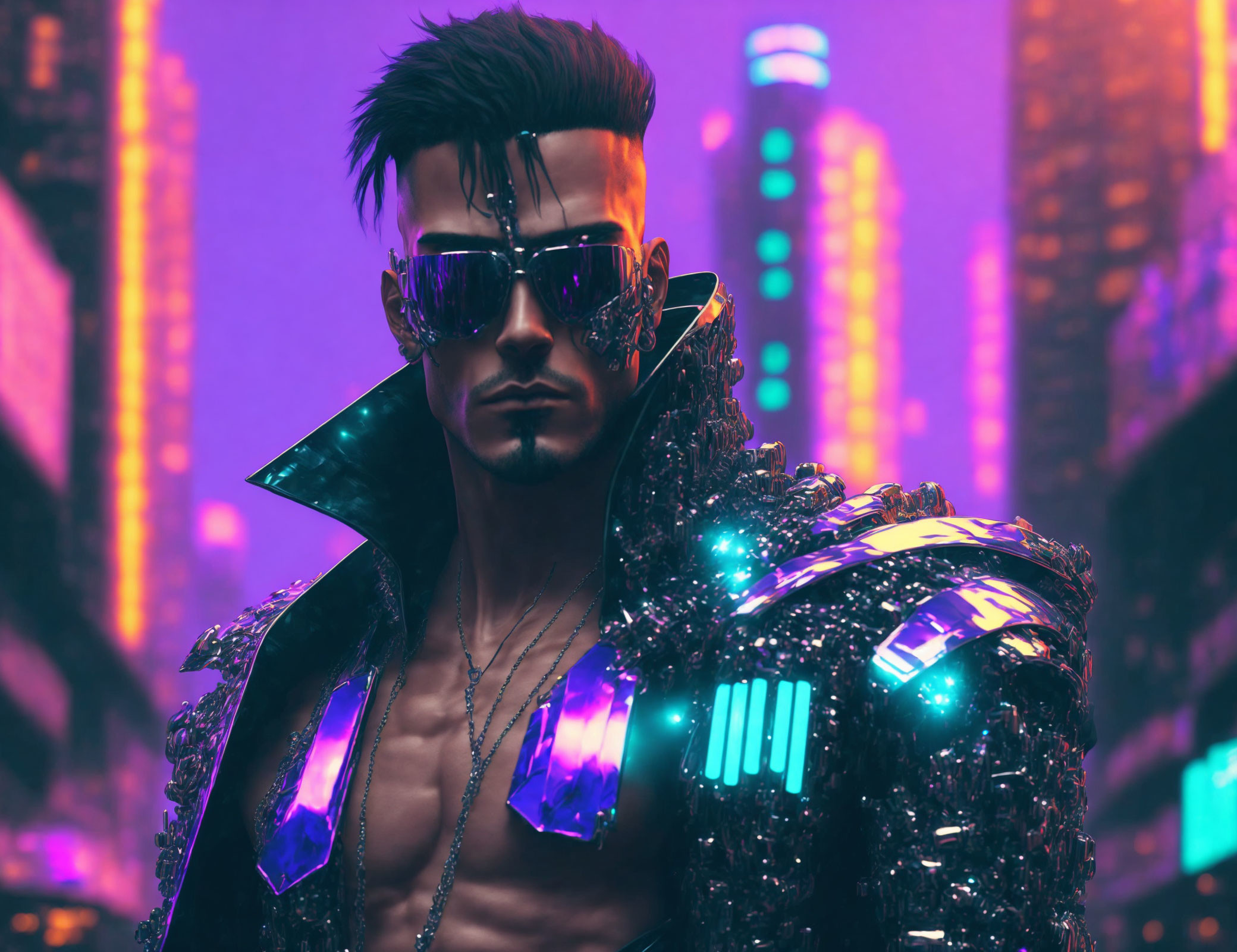 Fashionable man with mohawk in futuristic attire against neon cityscape.