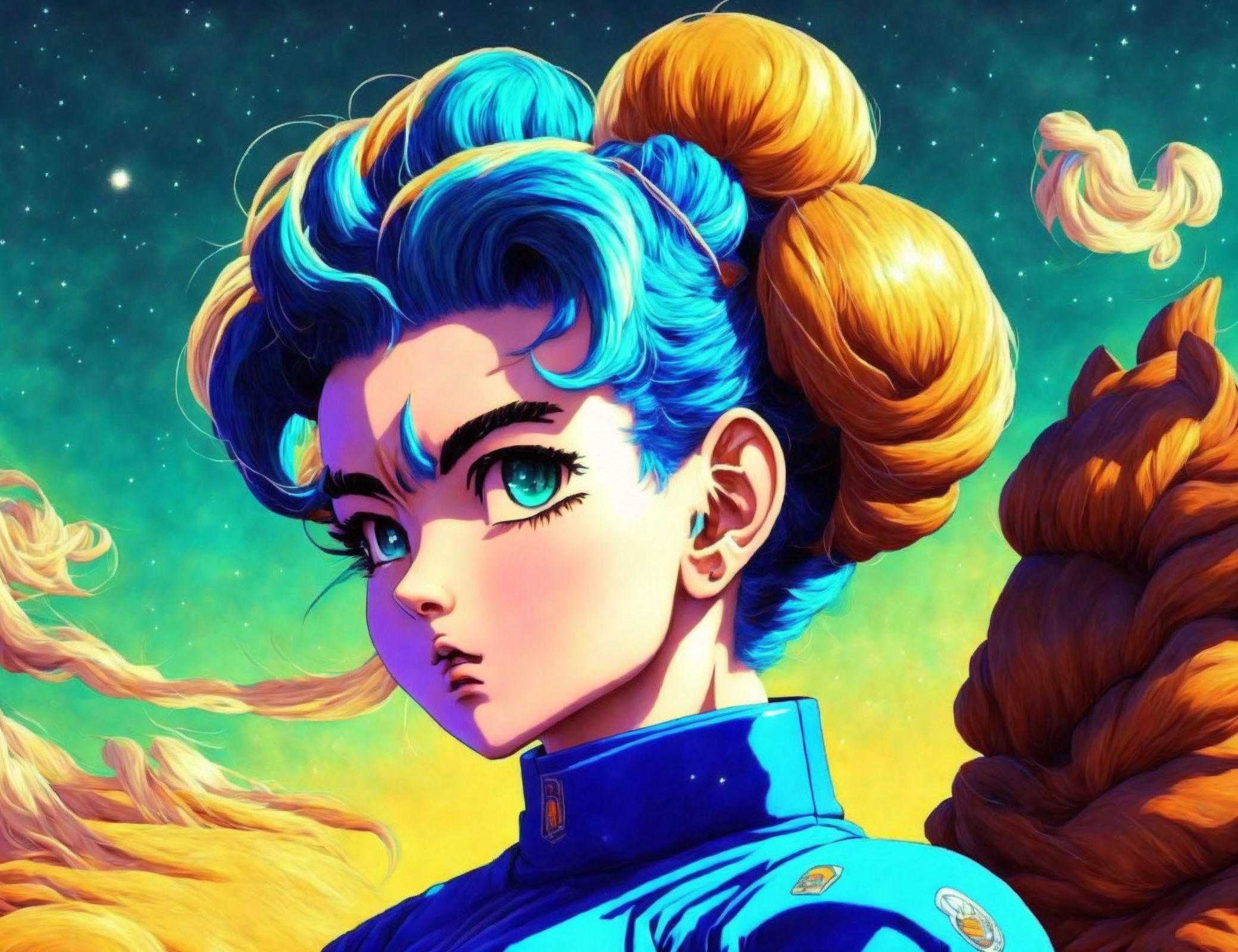 Character with Large Blue Hair in Buns on Cosmic Background