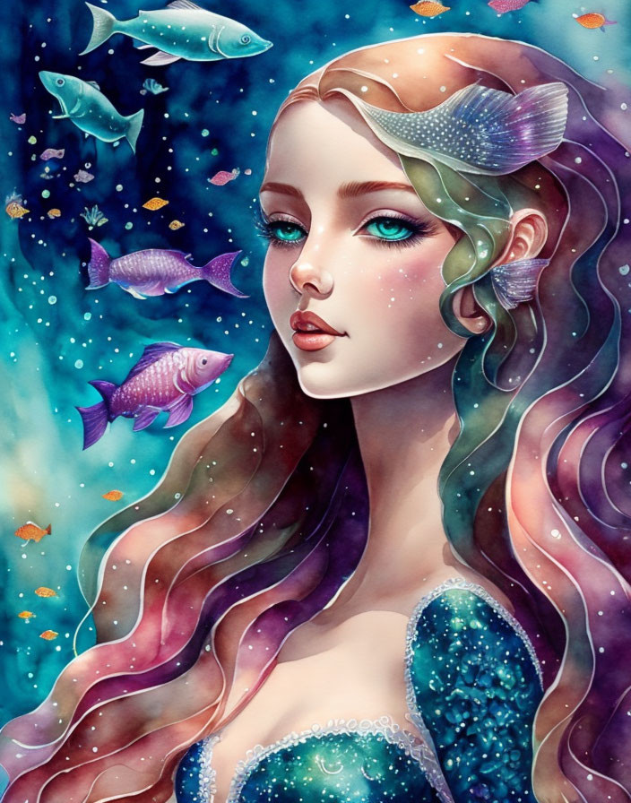 Colorful Mermaid Illustration Surrounded by Fish in Marine-Themed Setting