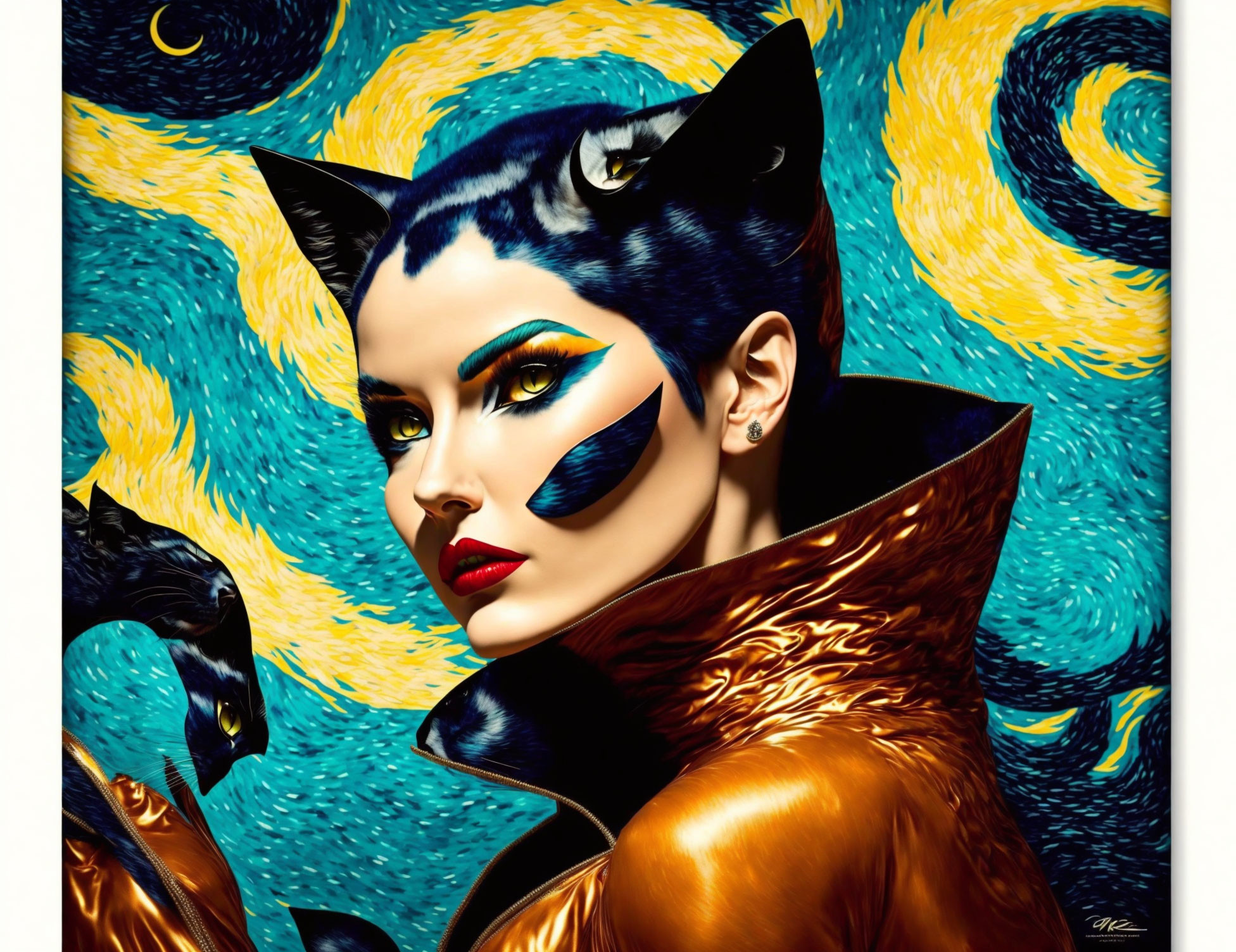 Stylized portrait of woman with cat-like features on starry background