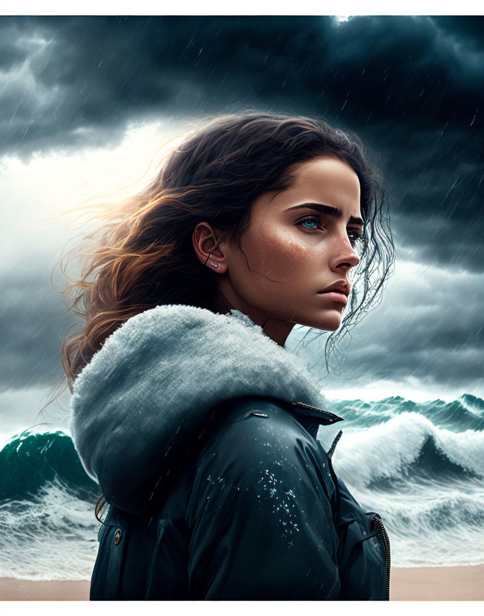 Pensive woman with flowing hair against stormy skies and ocean waves