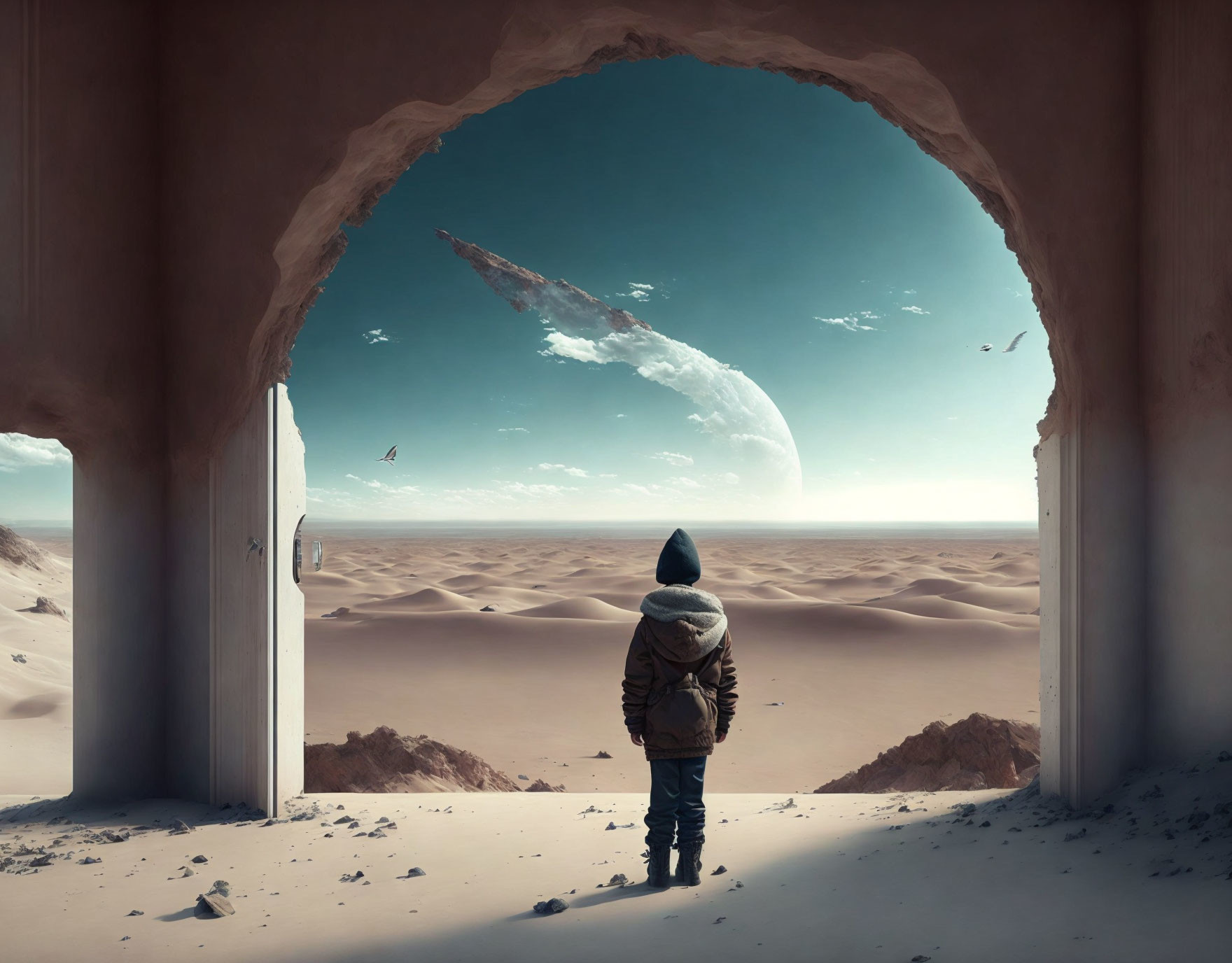 Person in doorway gazes at desert scene with moon, spaceship, and flying birds