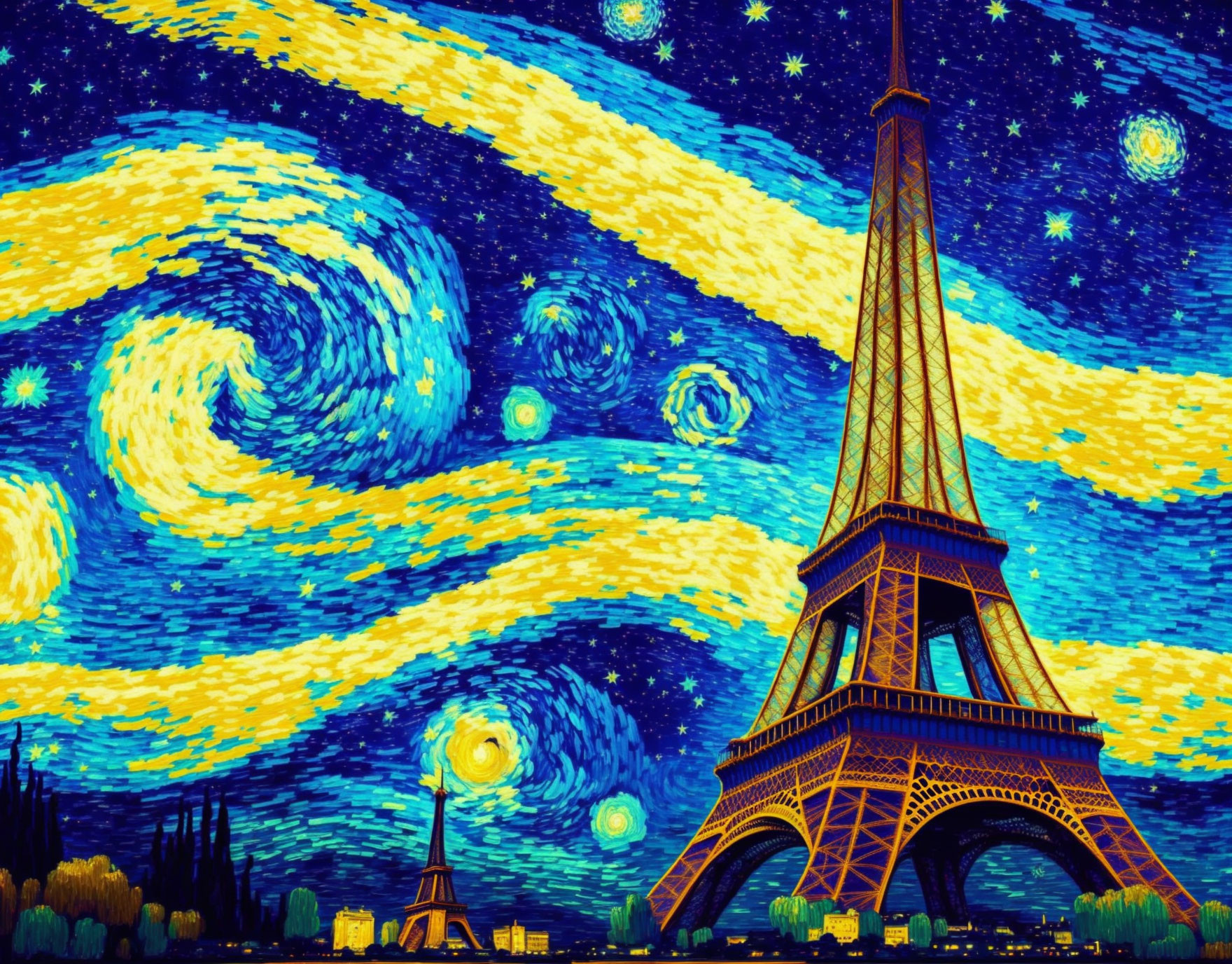 Starry Night Sky with Eiffel Tower in Van Gogh Style