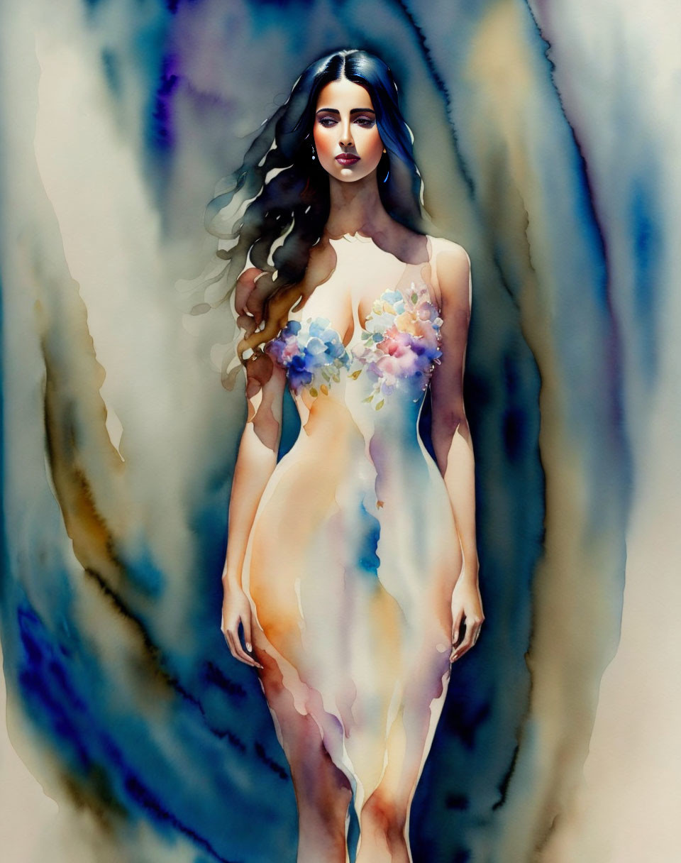 Woman with flowing hair in watercolor painting on abstract background