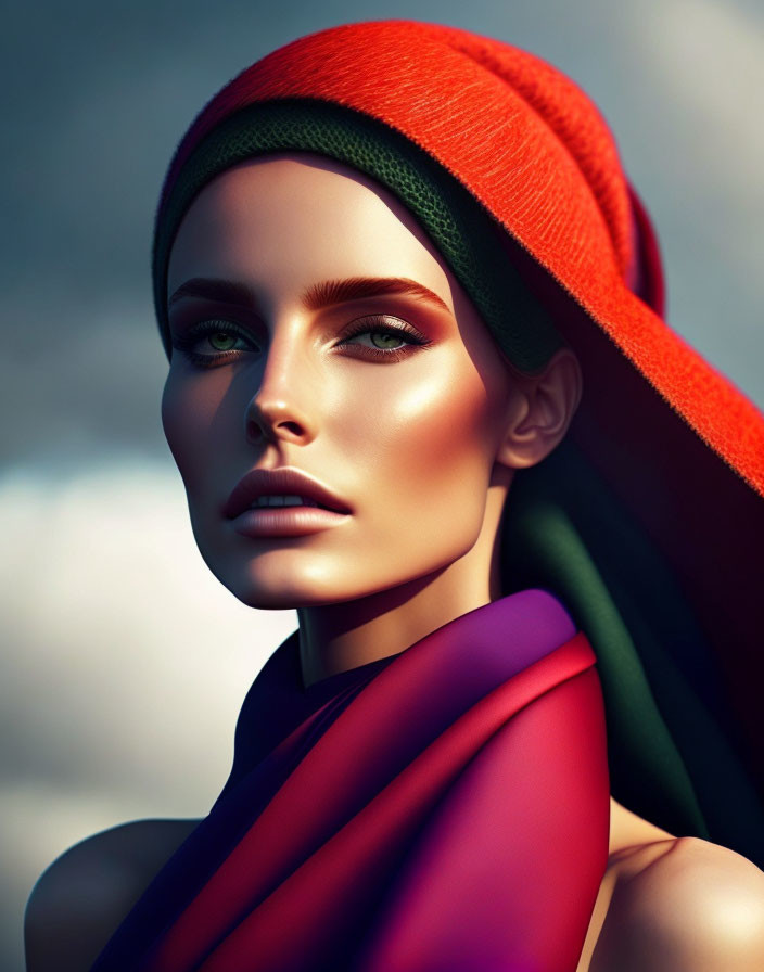 Vibrant digital portrait of a woman in headscarf and colorful garment