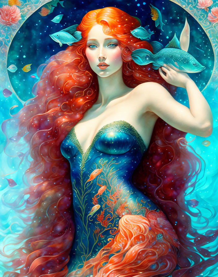 Colorful mermaid illustration with red hair and fish-scale bodice, surrounded by fish and coral patterns