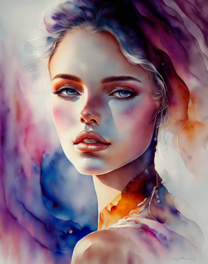 Colorful portrait of woman with blue eyes in vibrant watercolor aura