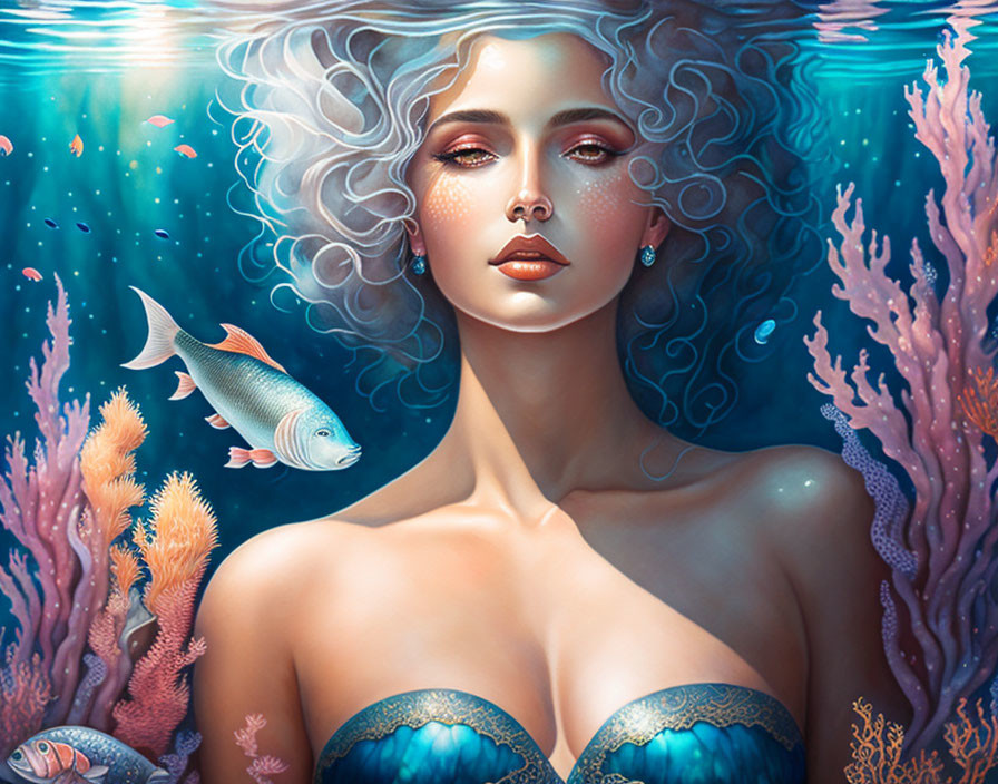 Mermaid portrait with flowing hair, coral, and fish