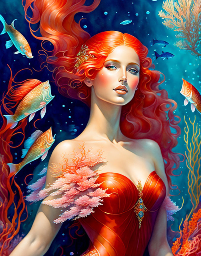 Colorful illustration of woman with red hair in undersea theme