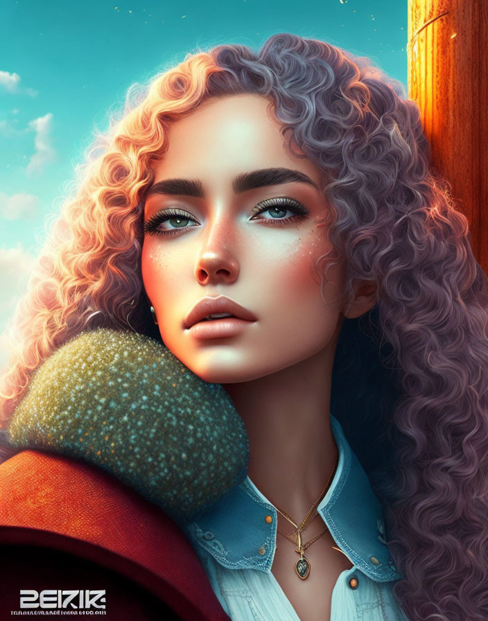 Digital portrait: Woman with curly purple hair and blue eyes in sunlit setting