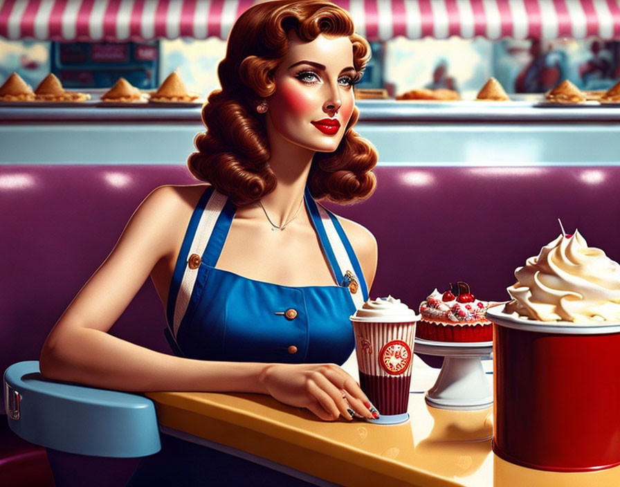 Stylized illustration of woman in retro diner with milkshake and cupcakes