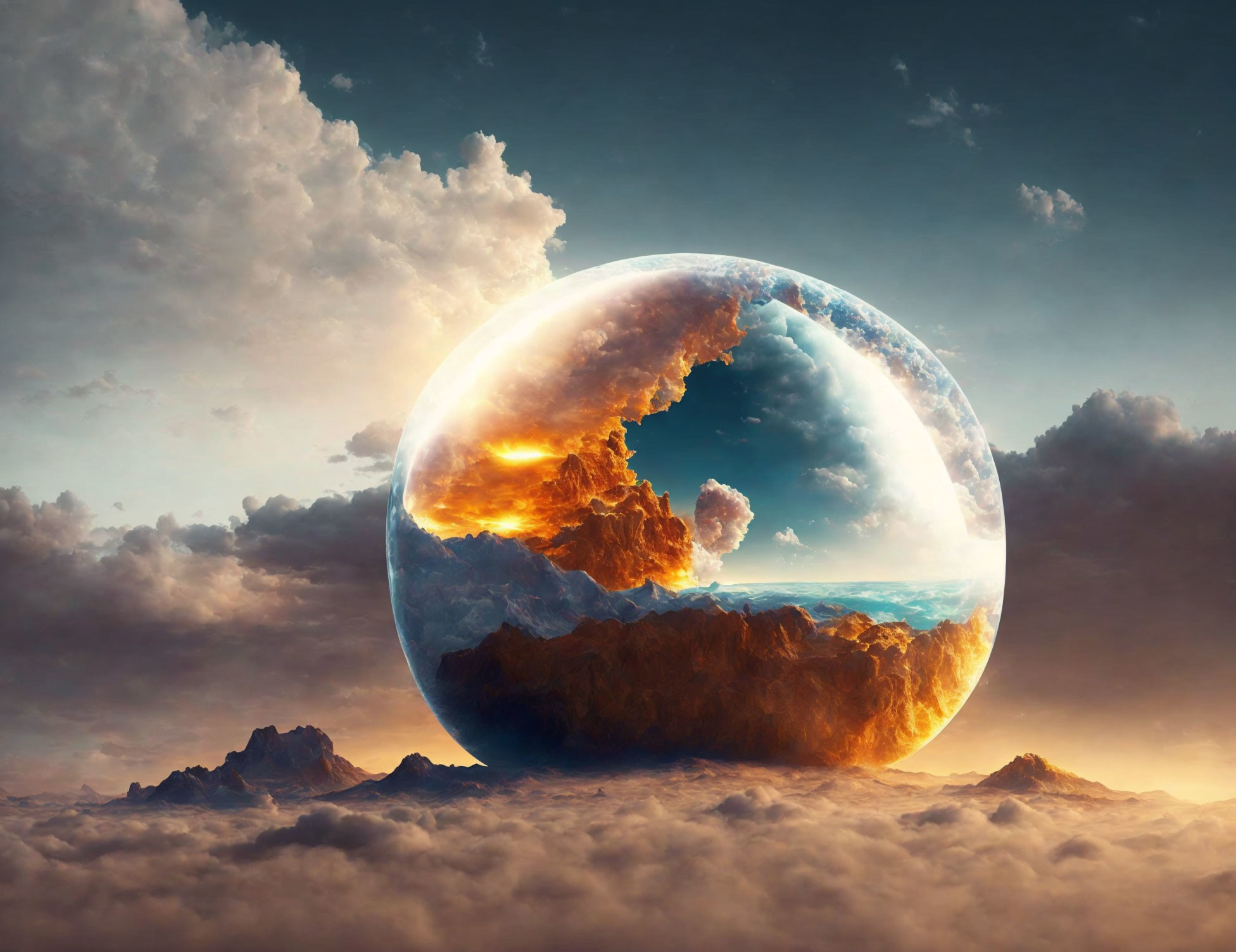 Surreal image of massive transparent sphere with inverted landscape and fiery terrain