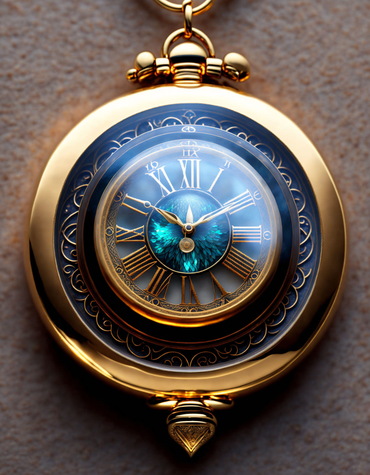 Golden Pocket Watch with Roman Numerals on Textured Background