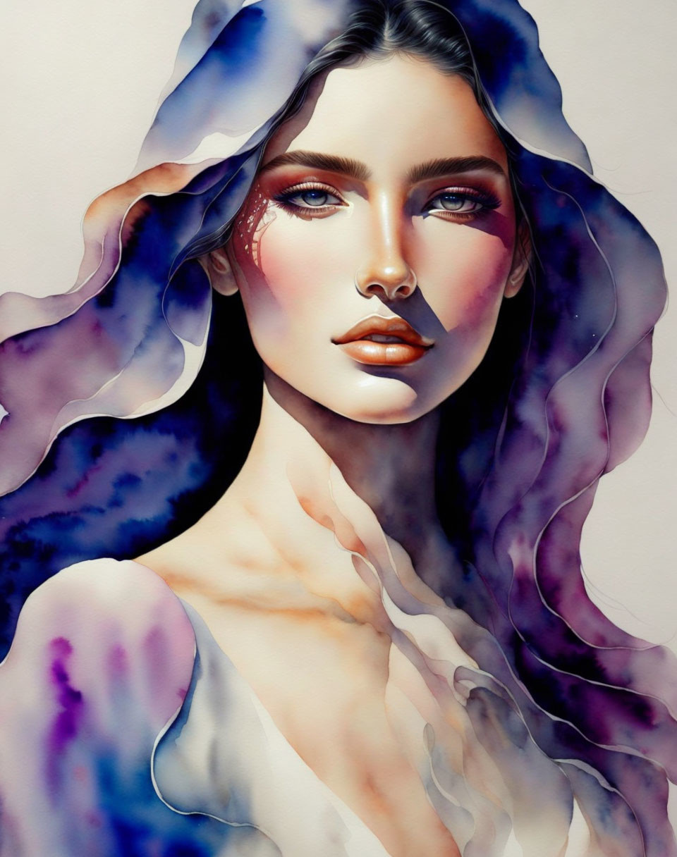 Vibrant watercolor portrait blending flowing hair with galaxy pattern