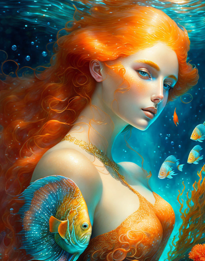 Mermaid with Orange Hair and Golden Chain Among Tropical Fish