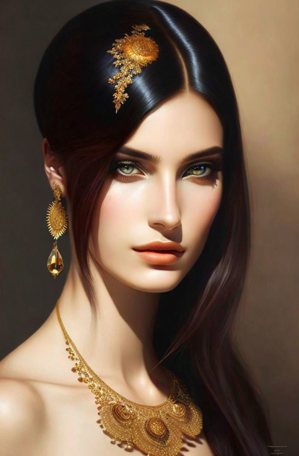 Woman with Sleek Black Hair and Gold Accessories, Intense Green Eyes Portrait