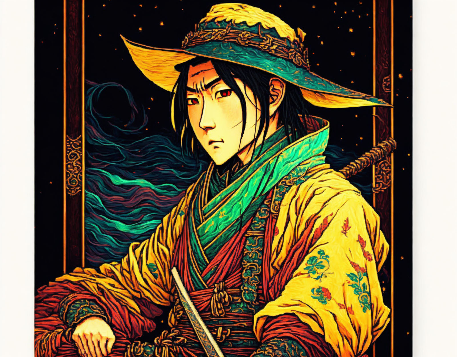 Stylized East Asian figure in traditional attire with sword, hat, and colorful garb on dark