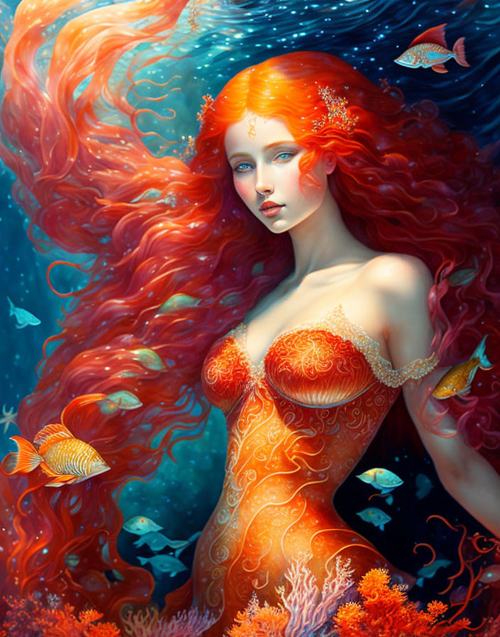 Red-haired mermaid with coral accents surrounded by fish in underwater scene