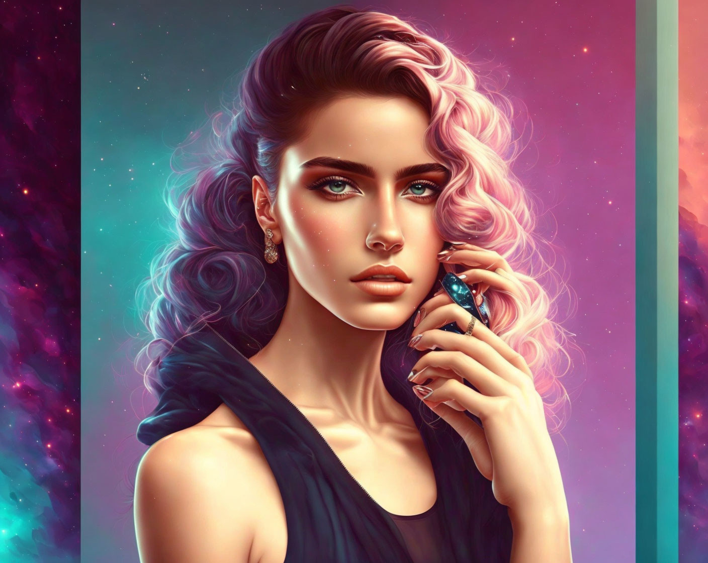 Woman with Pink Wavy Hair and Blue Eyes in Dark Attire on Cosmic Background