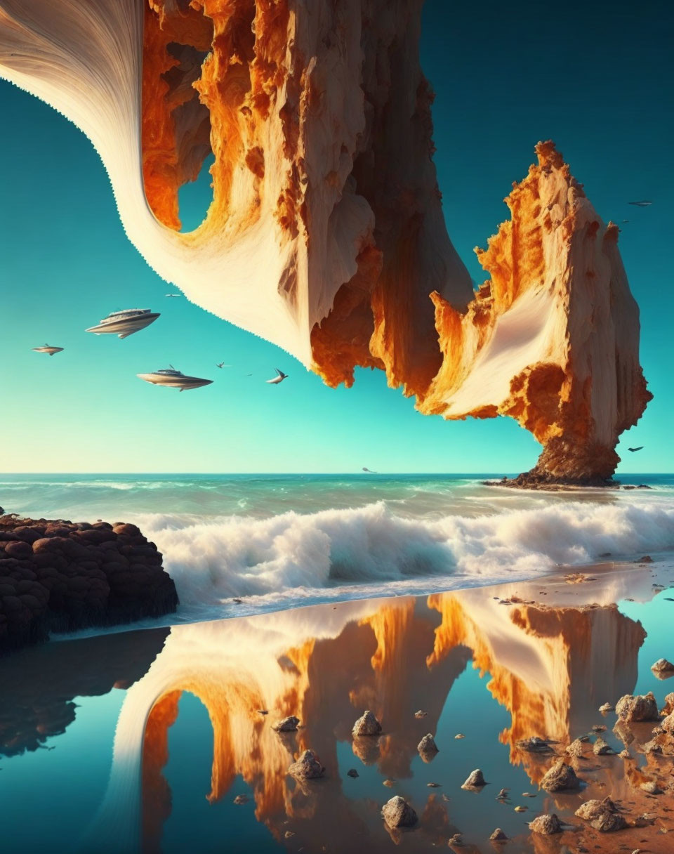 Surreal seascape with floating rock formation, birds, and futuristic ships