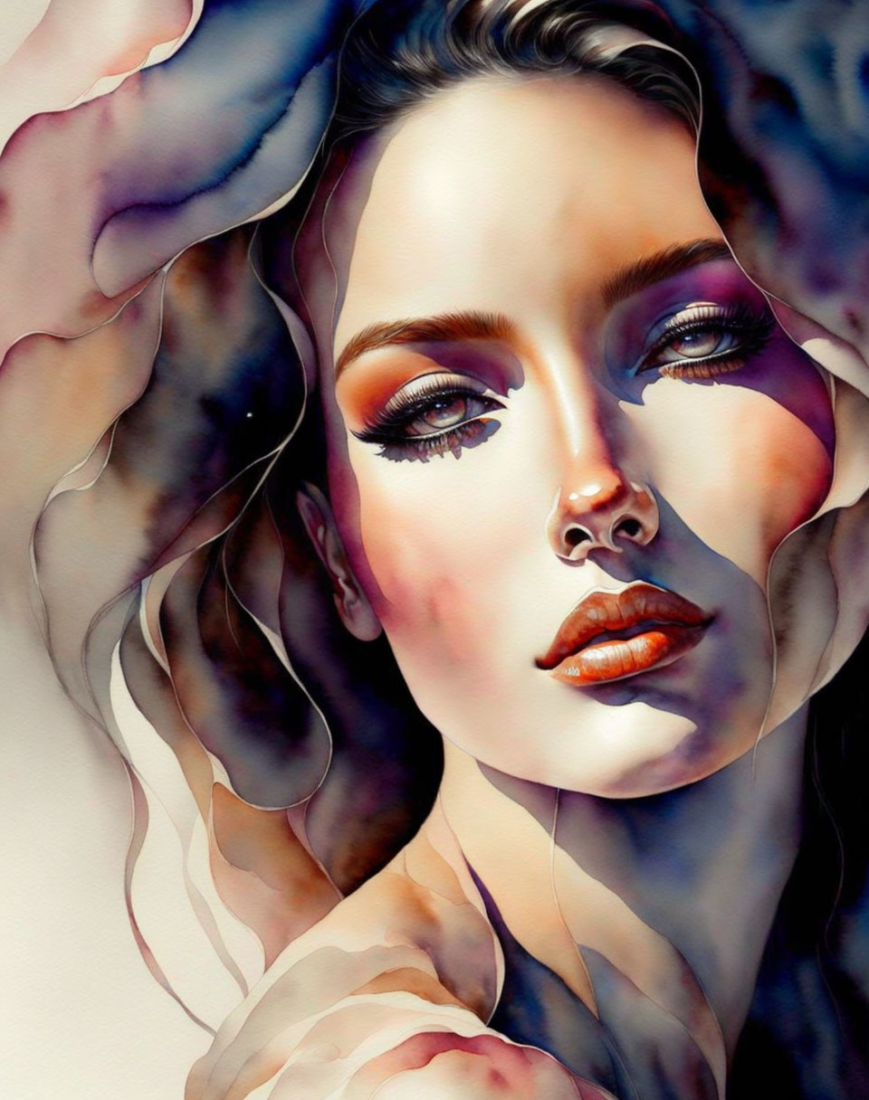 Colorful Watercolor Portrait of Woman with Expressive Makeup and Flowing Hair