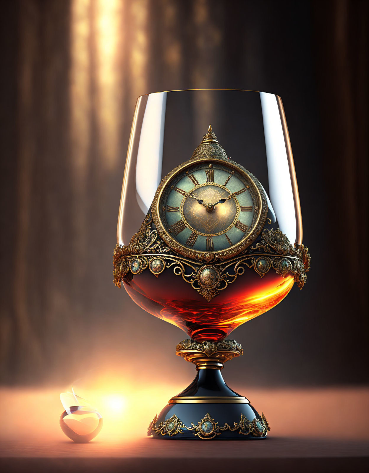 Glass goblet with vintage clock face, fiery liquid, apple, and draped backdrop.