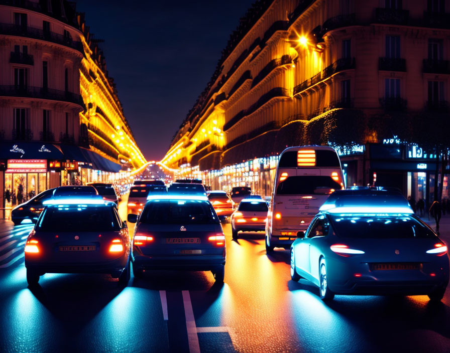 City street at night: Vehicles with illuminated lights on busy road