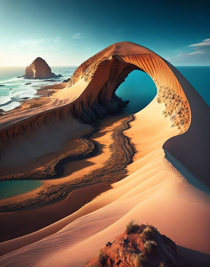 Coastal Desert Landscape: Sand Dune Reaching Ocean Under Blue Sky