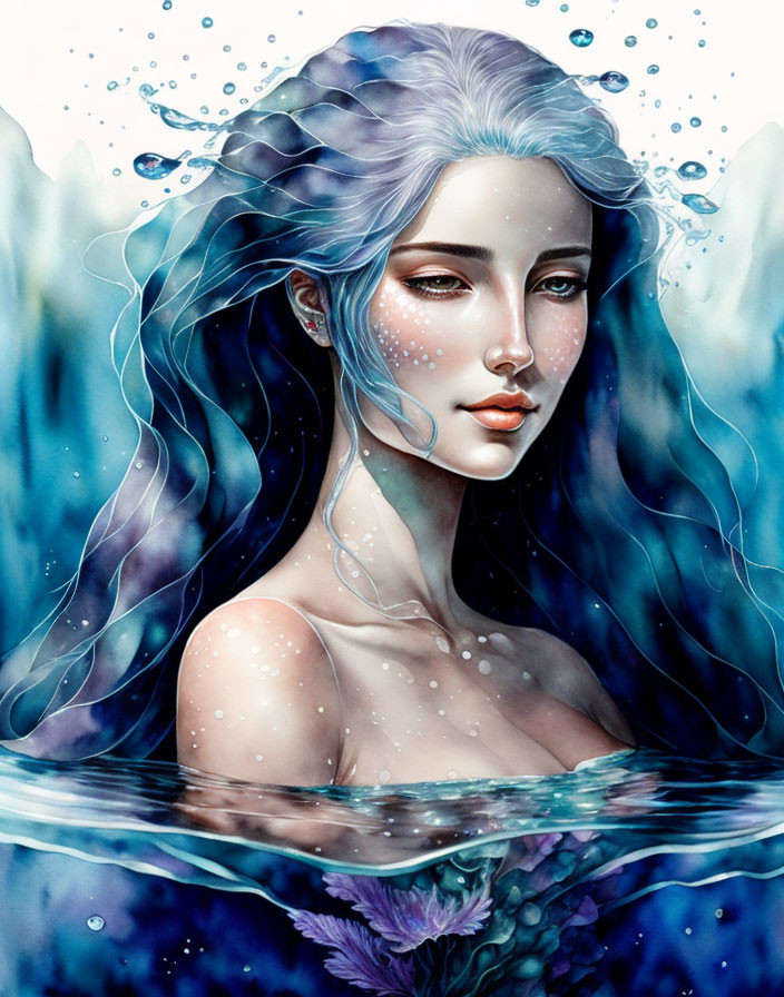 Illustrated portrait of mythical woman with pale blue skin and white hair submerged in water with bubbles and floral