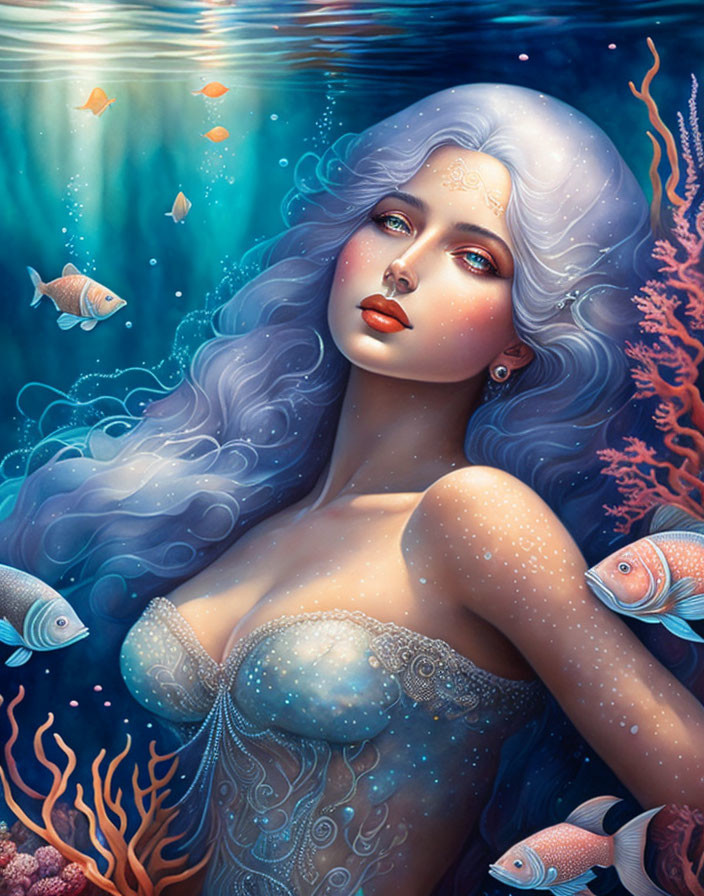 Ethereal mermaid with white hair and red eyes in underwater scene