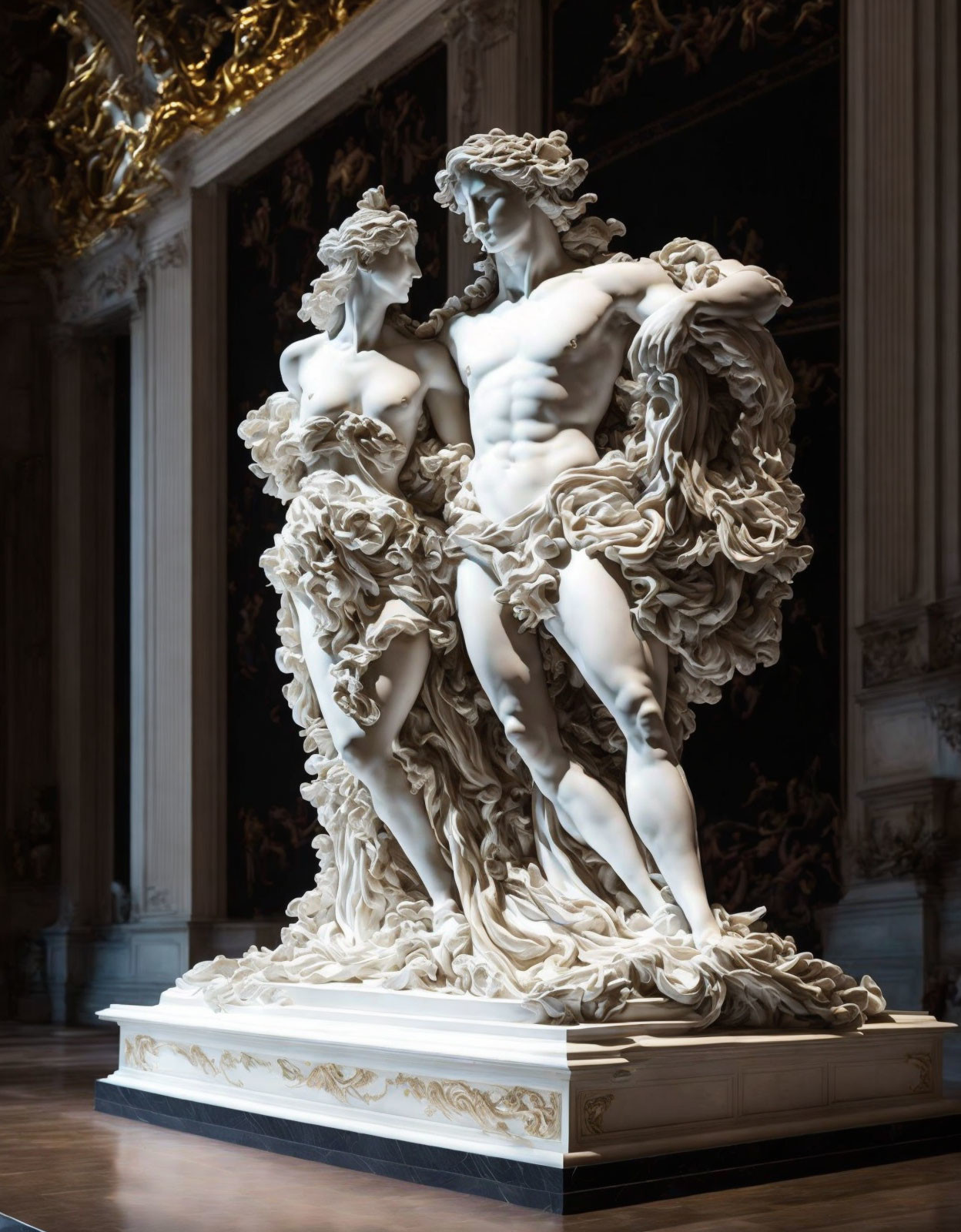 Intricate marble sculpture of male and female figures in ornate room