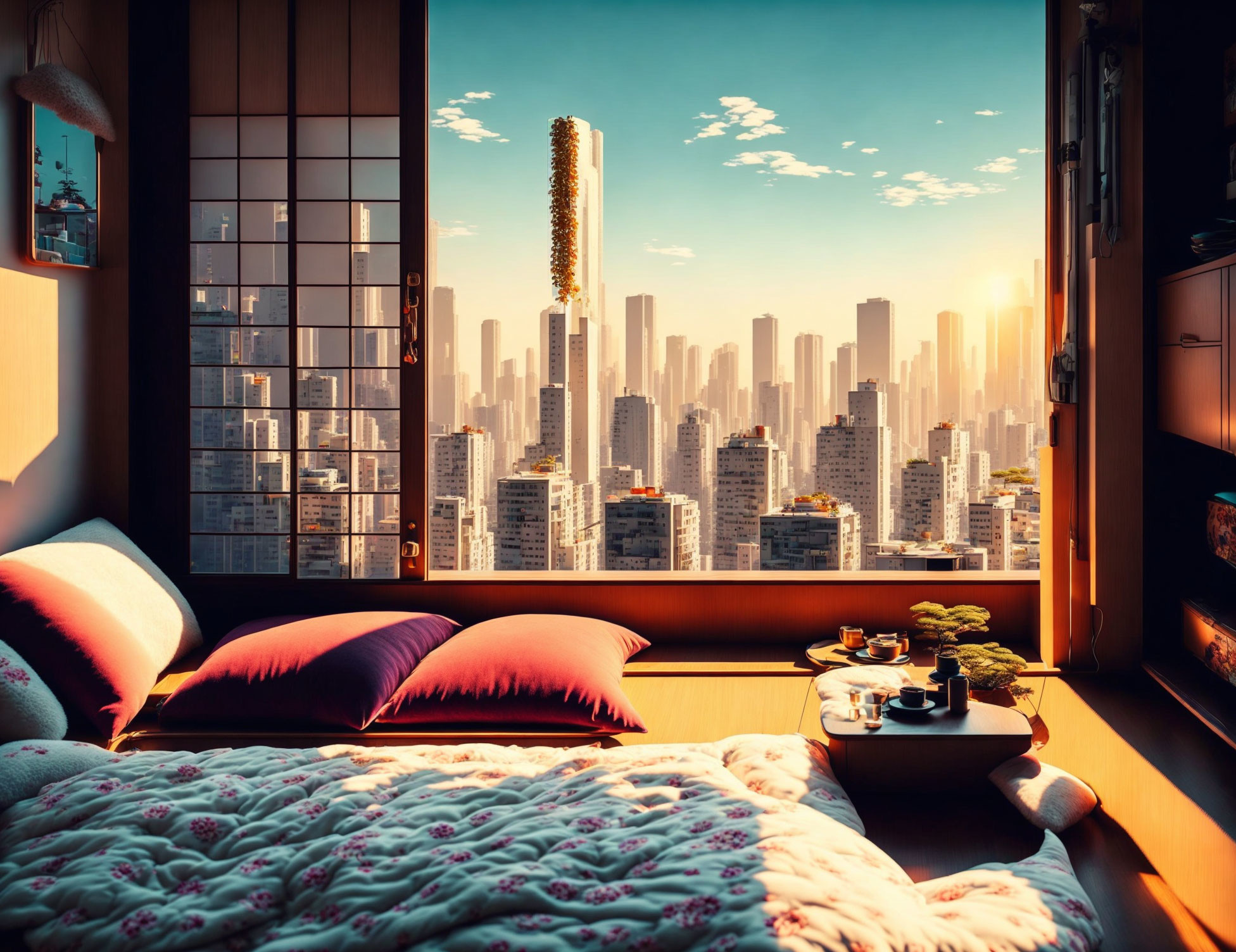 Japanese-inspired bedroom with panoramic city view at sunset