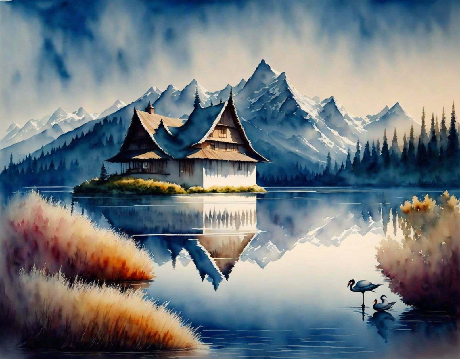 Tranquil landscape painting: islet huts, mountains, lake, flamingo