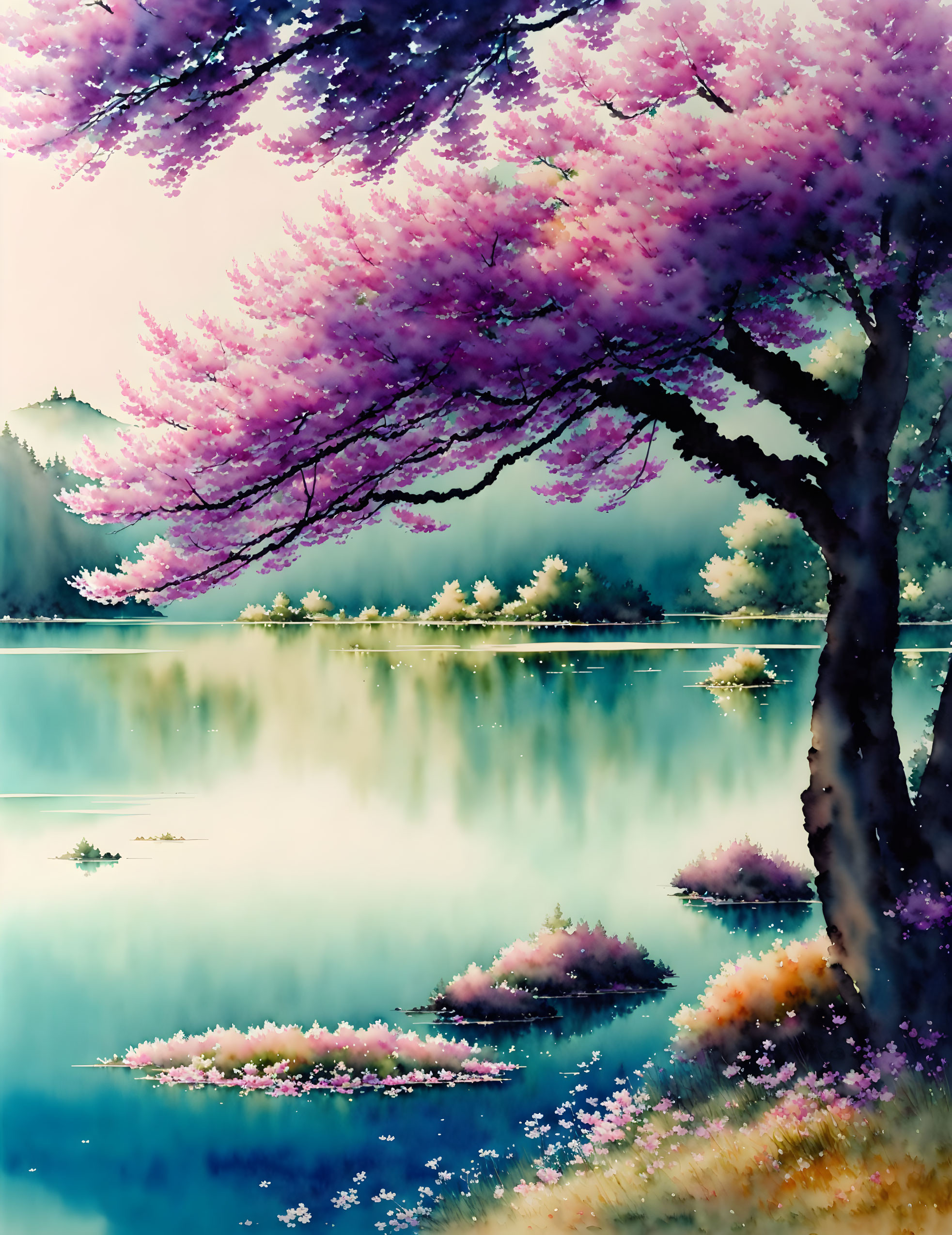 Tranquil lake scene with blossoming cherry tree