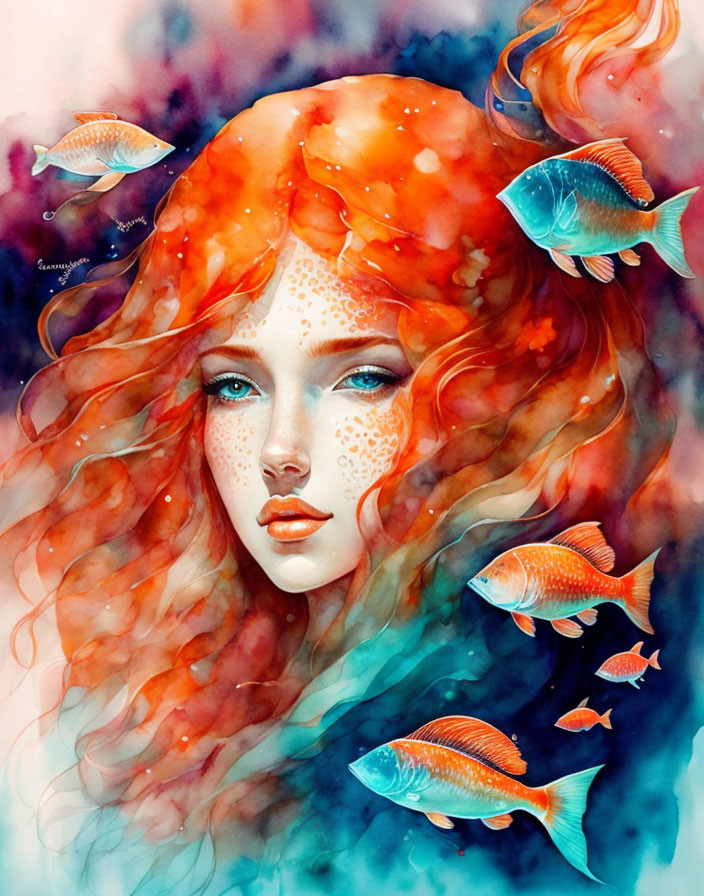 Ethereal watercolor art: Woman with red hair and fish in dreamy setting