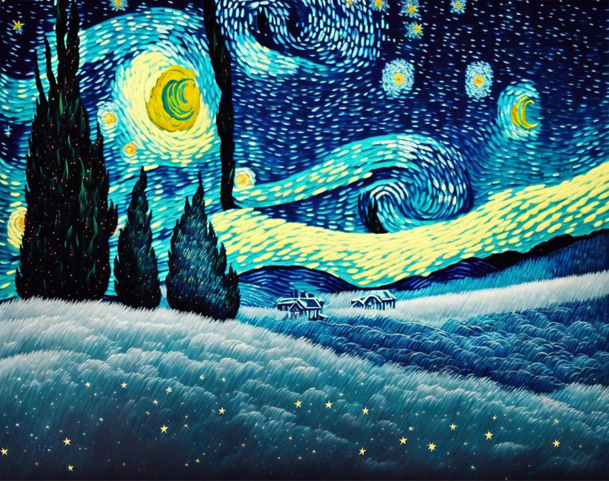 Vibrant painting of starry night sky with crescent moon over quiet village