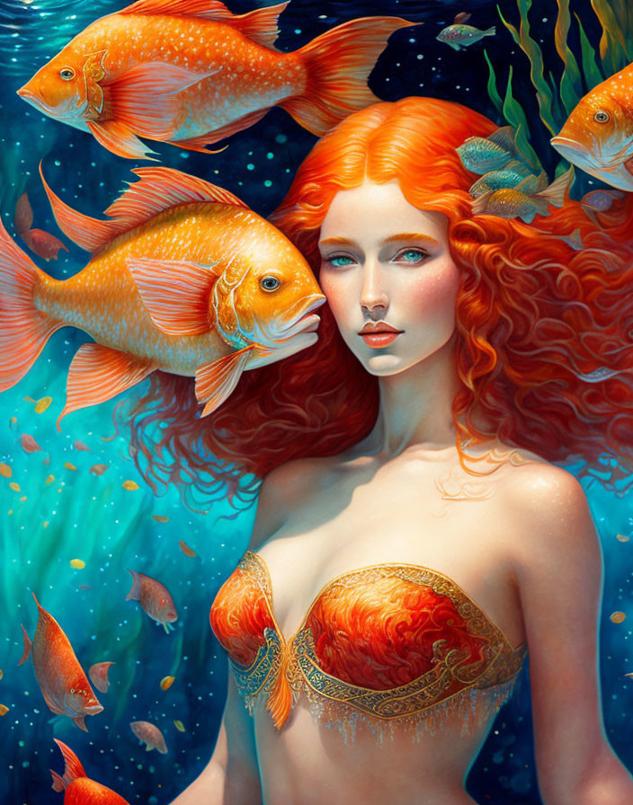 Vibrant surreal portrait of woman with red hair among goldfish