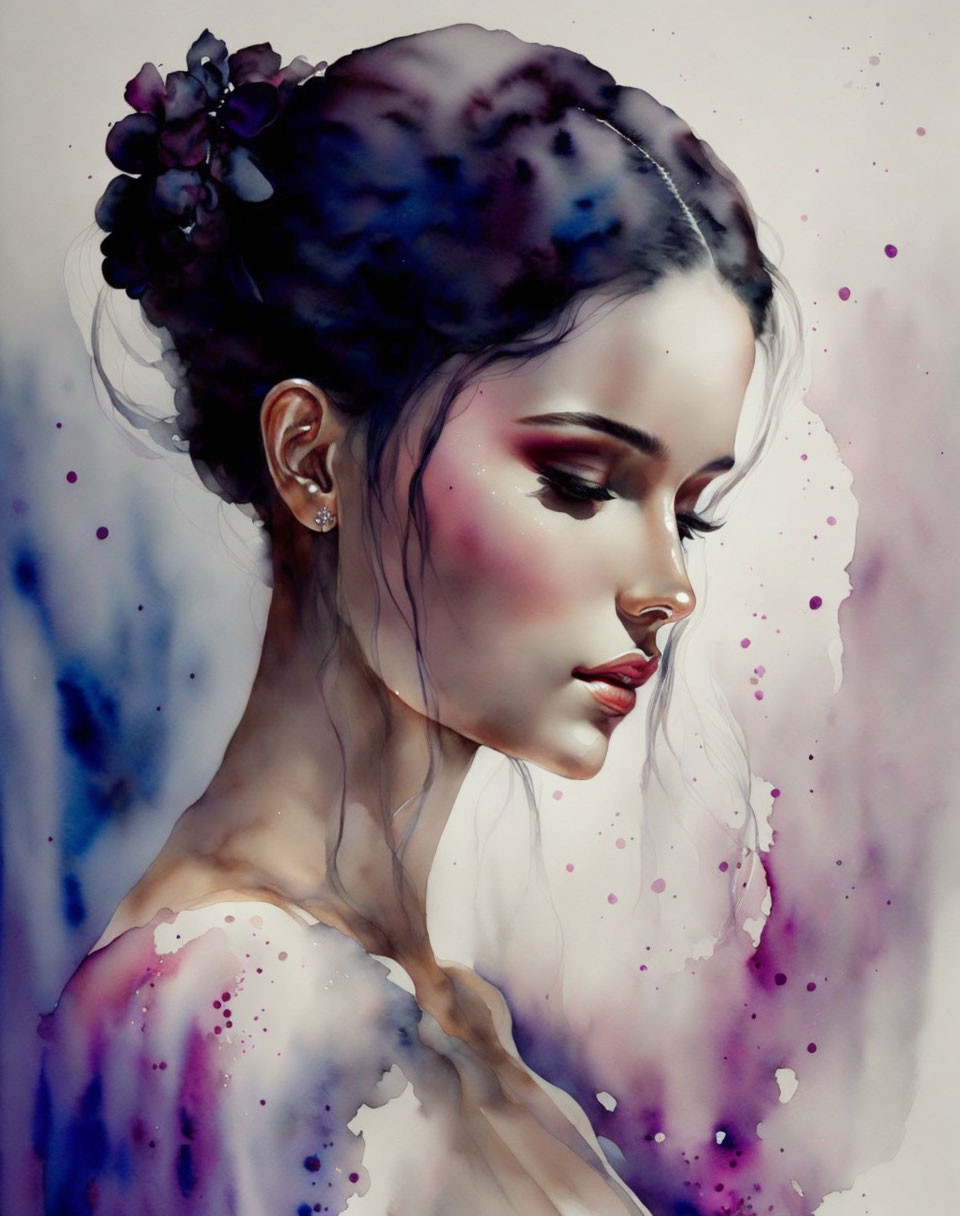 Vibrant watercolor portrait of a serene woman in purple and blue hues