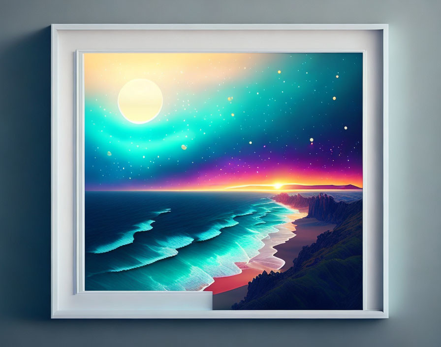 Surreal sunset artwork with glowing moon over ocean waves