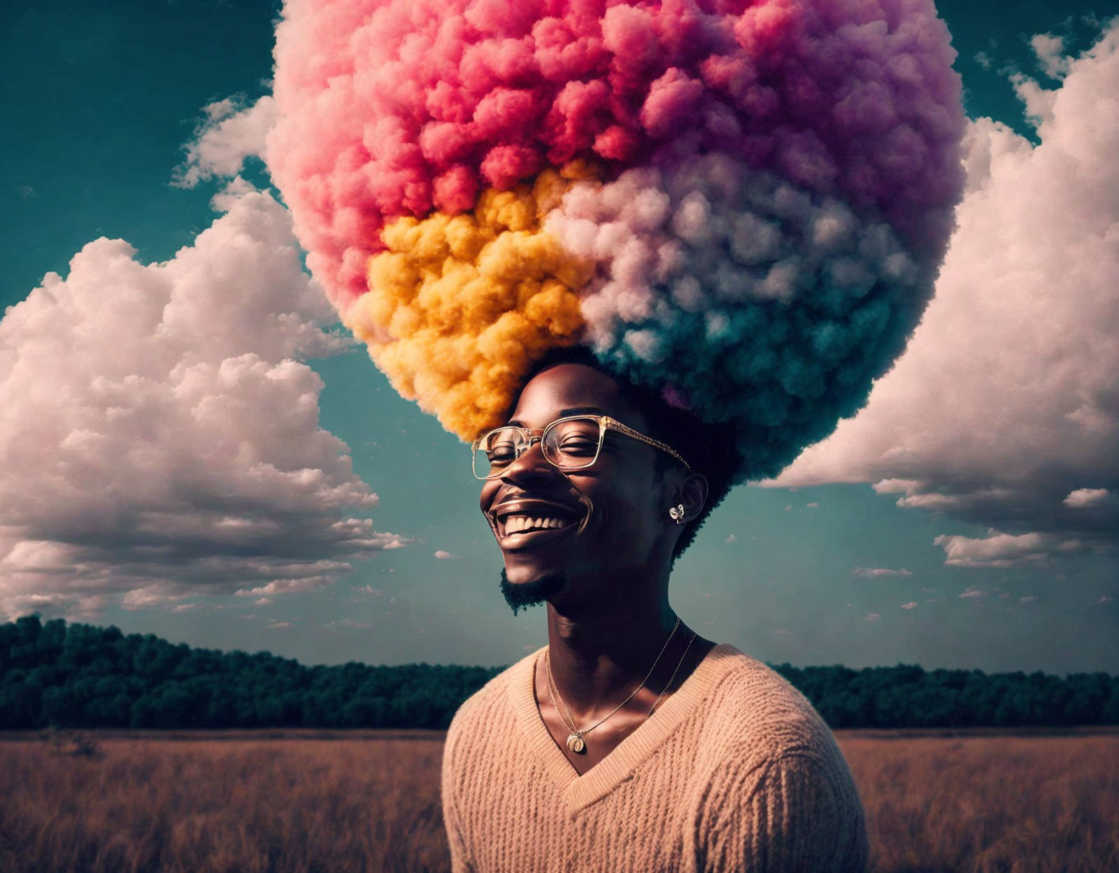 Colorful Smoke Cloud Above Person with Glasses Outdoors