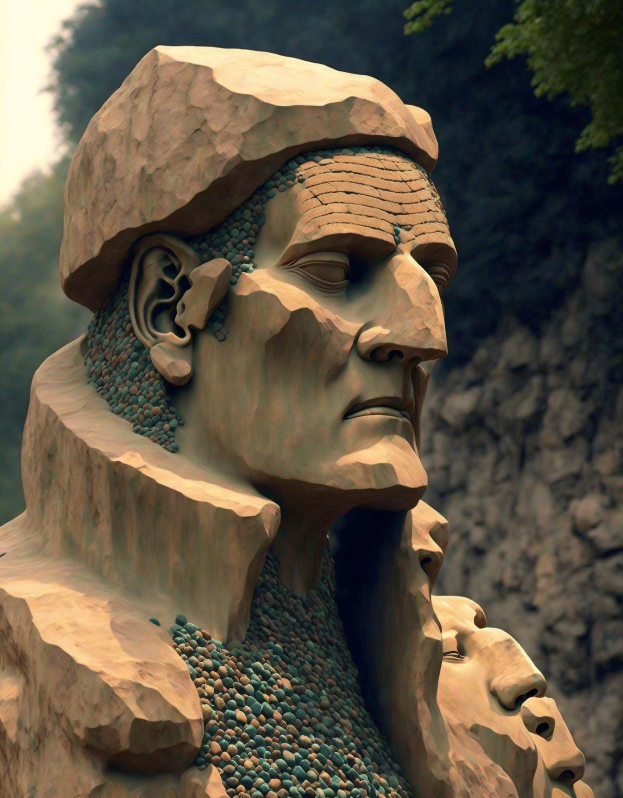 Detailed sculpture of man's head and shoulders with rock-like texture and beaded necklace on blurred nature background